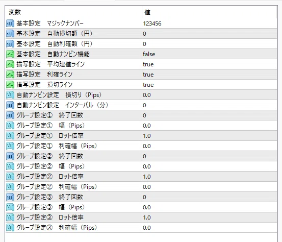 Flex Panelの実際のパラメーターの画像