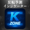 K zoneインジケーターはチャートに反発ゾーンを表示して、相場の転換ポイントを視覚化。緑のサポートゾーンとピンクのレジスタンスゾーンでトレード判断をサポート。
