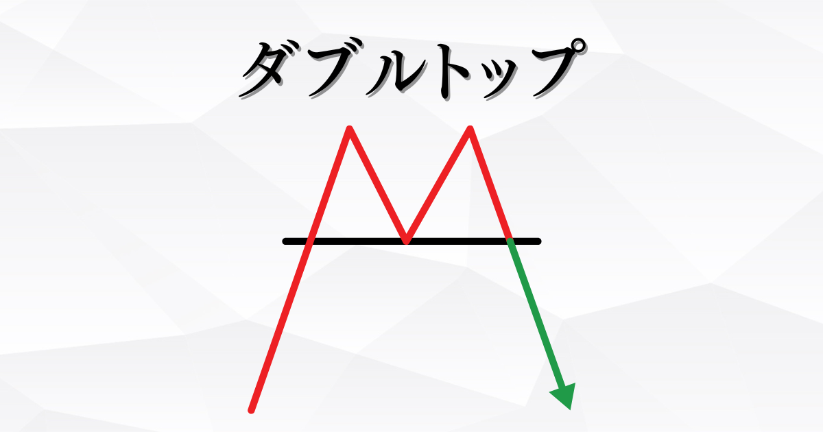 FXのチャートパターン「ダブルトップ」を解説するイラスト画像。M字の形をした天井圏での下落サインを示している。